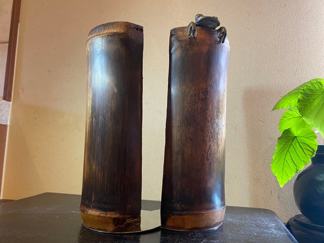 ヴィンテージ　錫製カエル付・ペア　　バンブーブックスタンド　レア