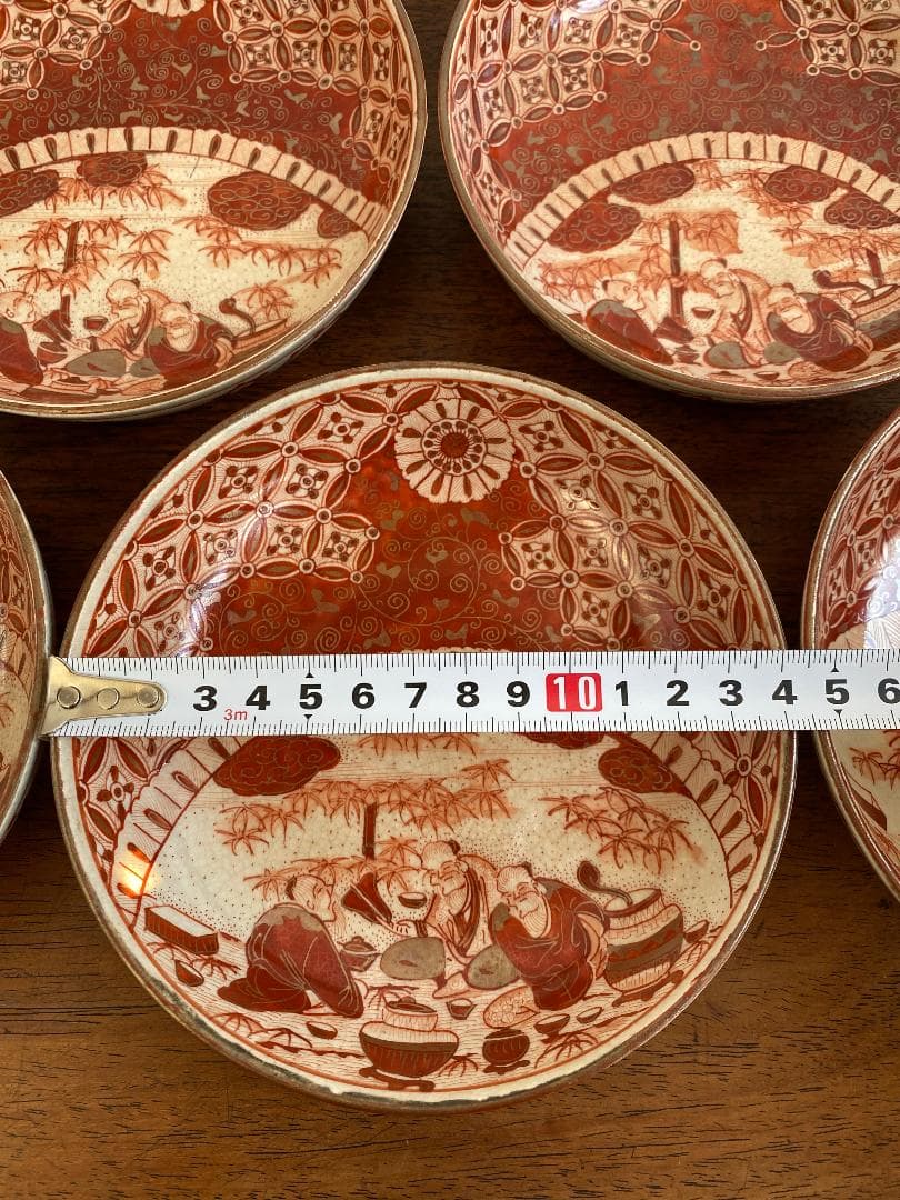 九谷焼　骨董　赤絵竹林賢人図中皿　7枚セット