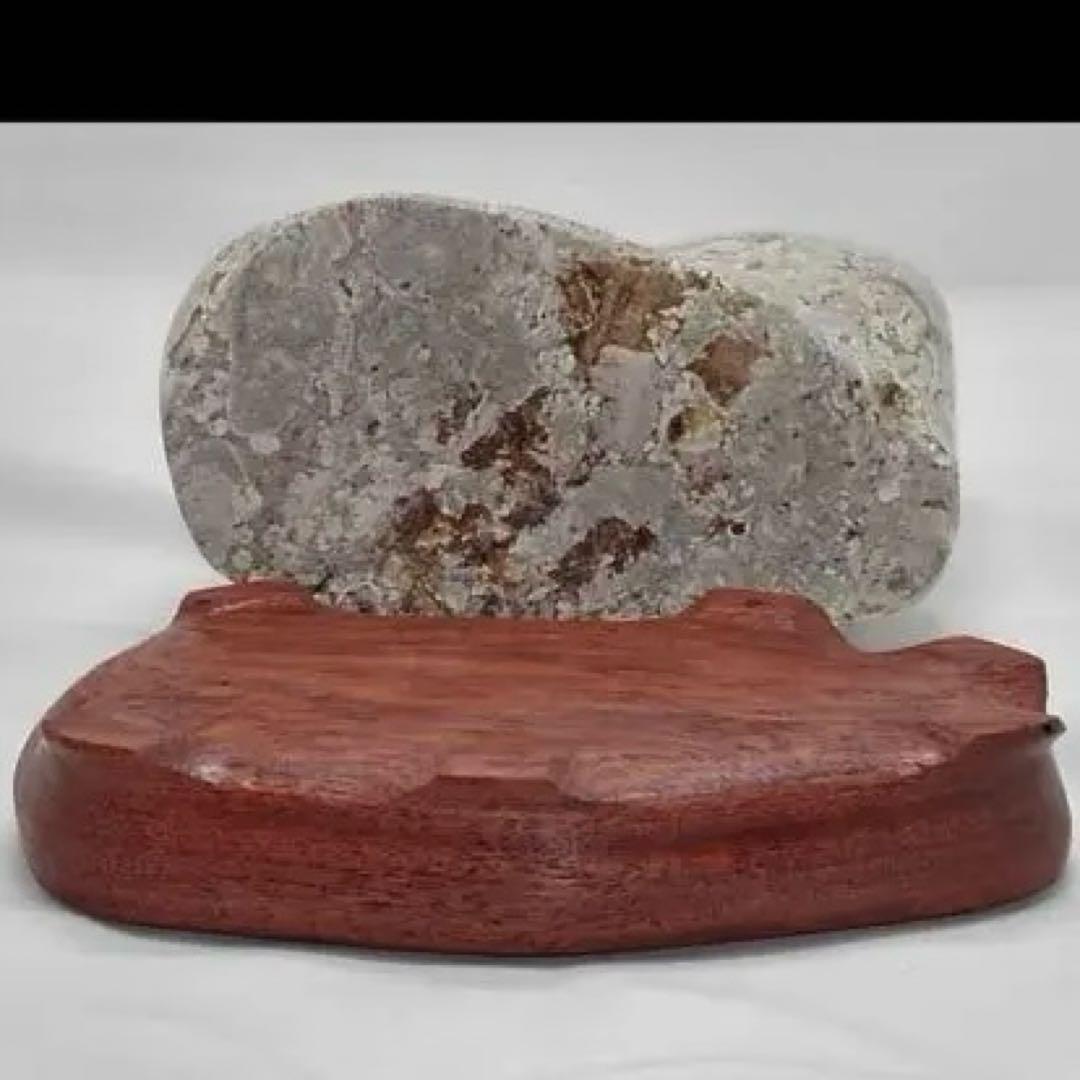 越前紋石　梅花石　鑑賞石　水石　自然石　両面磨き　2163g 花梨台座付　希少品