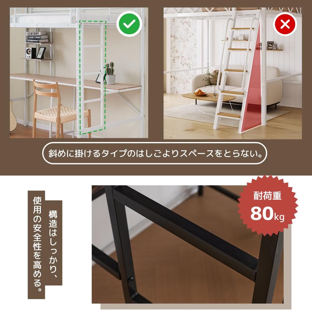 限定価格！新品ロフトベッド（S）デスク付き北欧風 大人ベッド 　BLACK