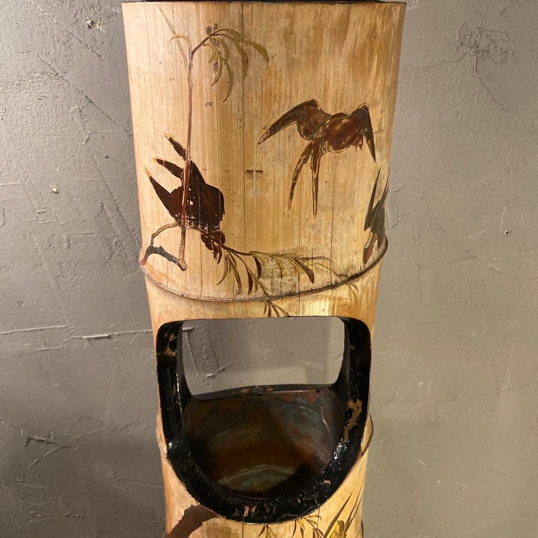 骨董品 時代物 華道具 竹 根付き花入 花器 銅おとし 蒔絵 ペイント