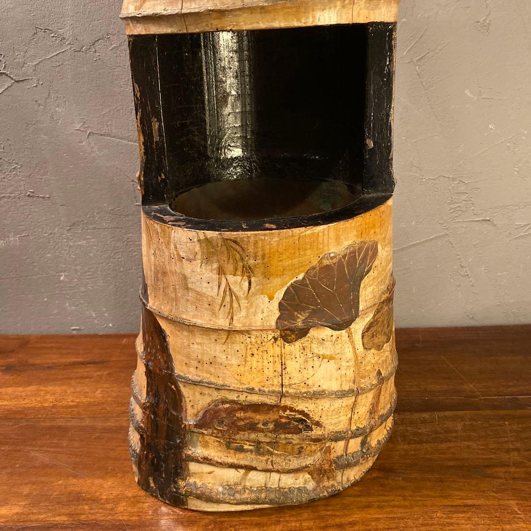 骨董品 時代物 華道具 竹 根付き花入 花器 銅おとし 蒔絵 ペイント