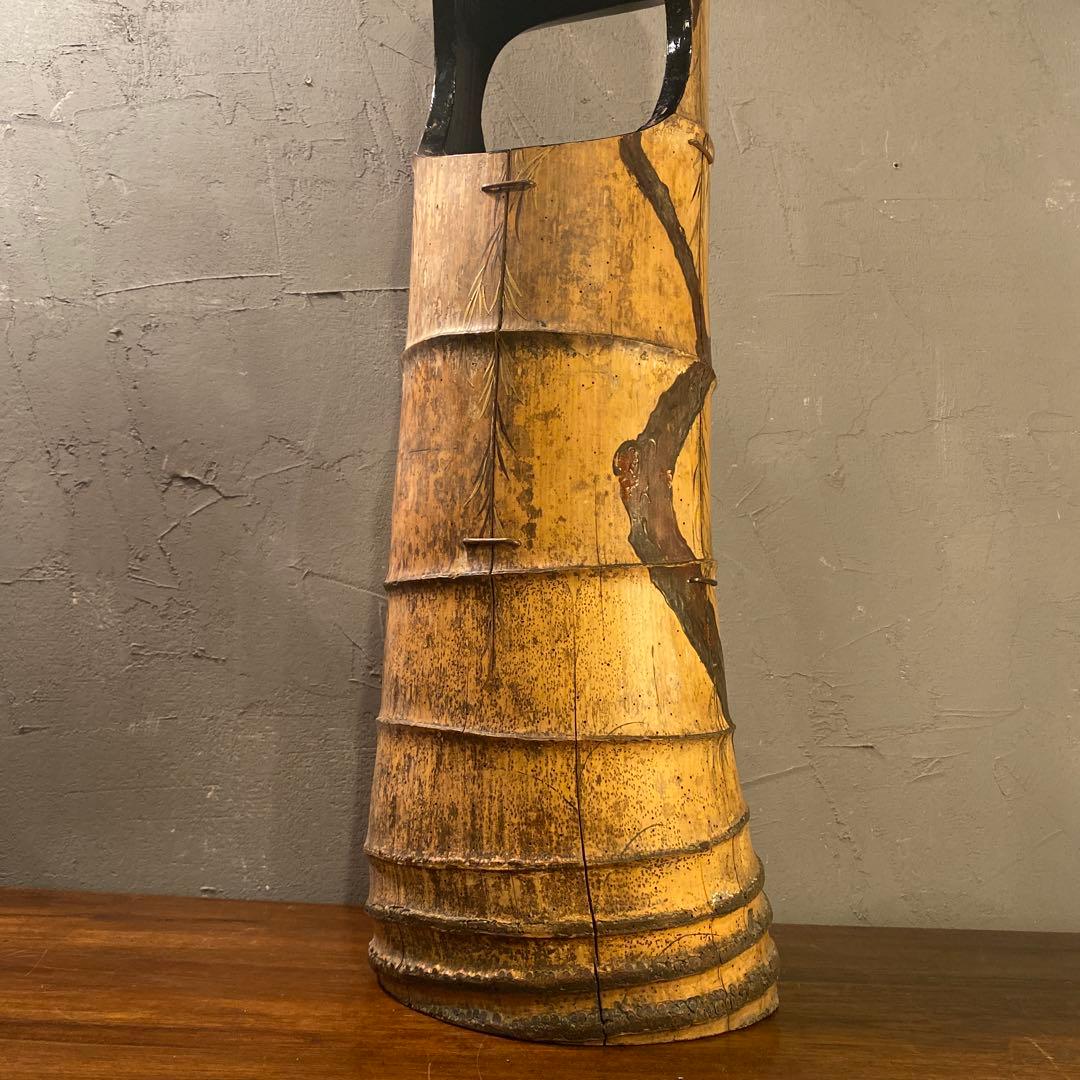 骨董品 時代物 華道具 竹 根付き花入 花器 銅おとし 蒔絵 ペイント