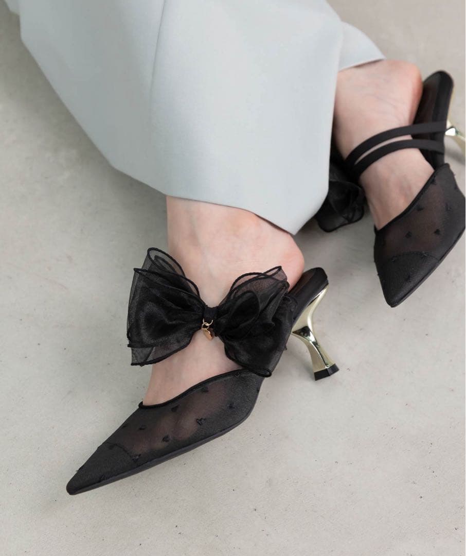 【RANDA】シフォンリボンハートミュールパンプス ブラック Mサイズ