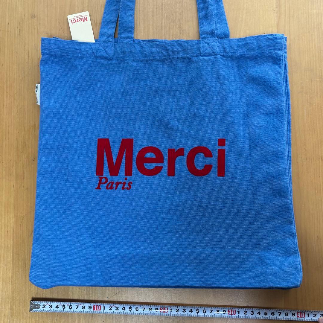 【新品】Merci ロゴ入りトートバッグ 青　メルシー　フランス　パリ　マレ地区
