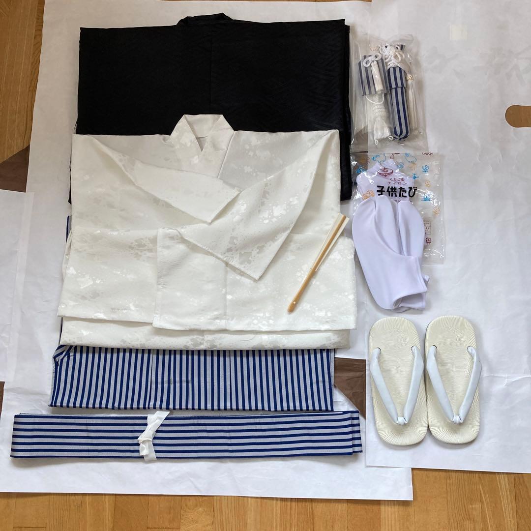 七五三用伝統和装 黒と青のストライプ　5歳