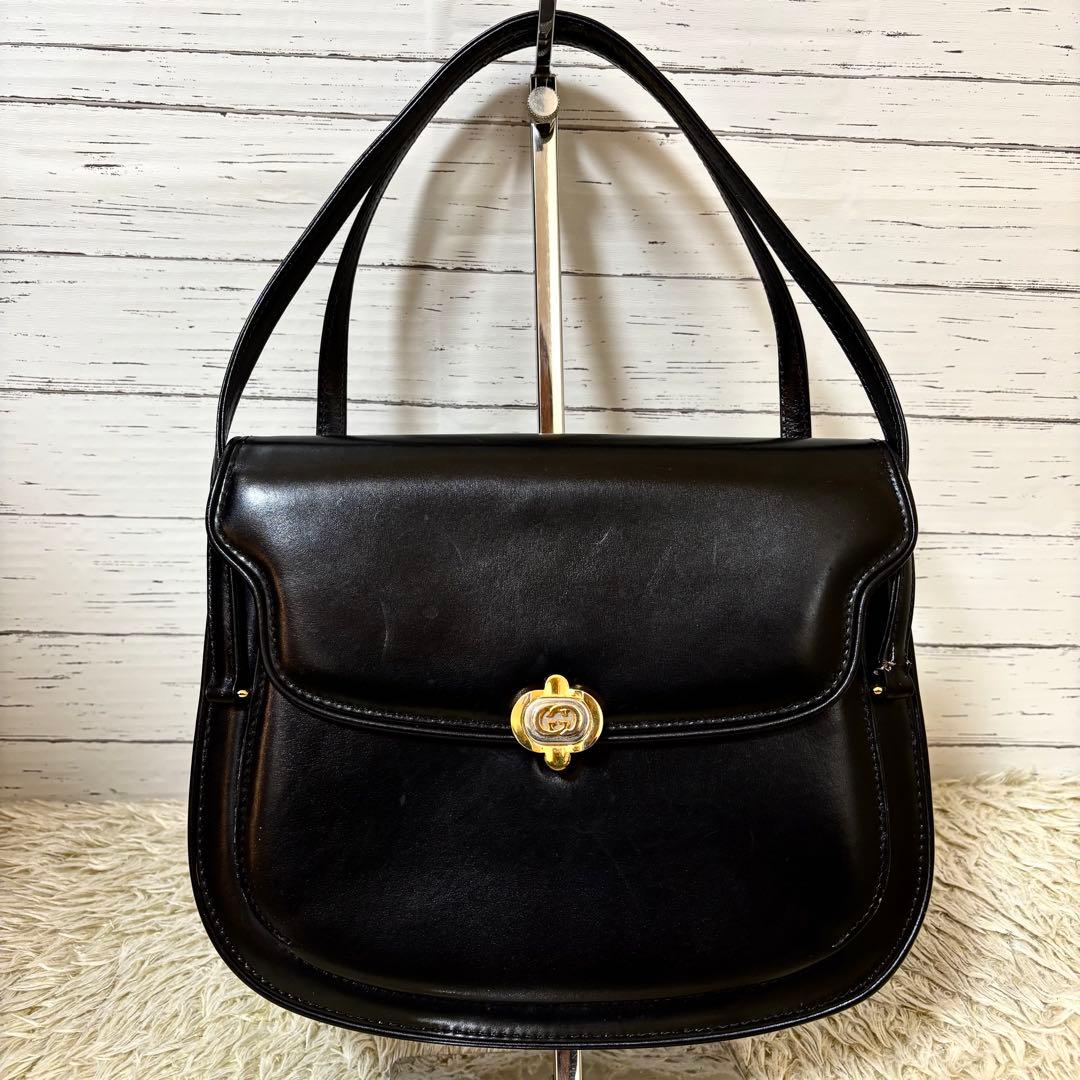 希少 美品✨オールドグッチ　ハンドバッグ　インターロッキング　レザー　ブラック