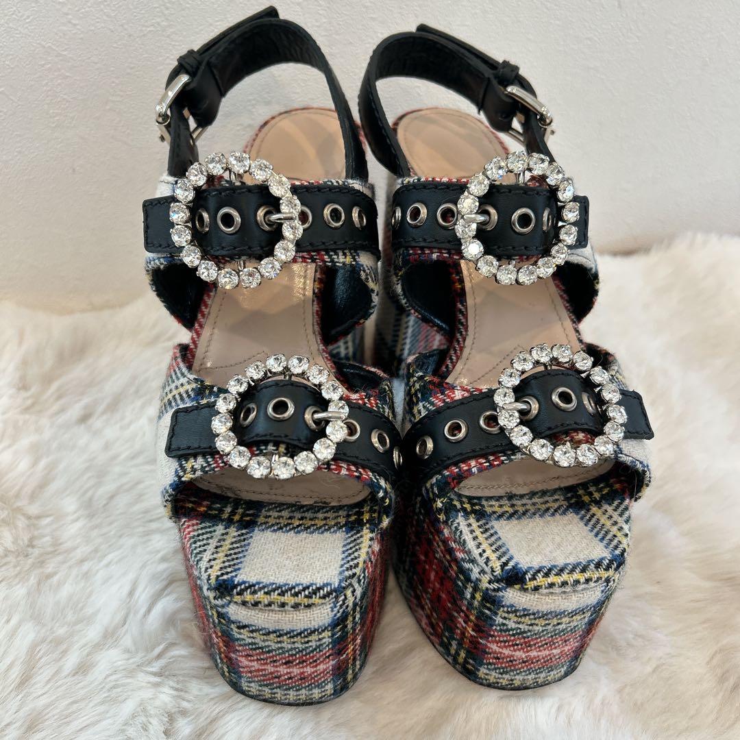美品　miu miu ミュウミュウ 厚底 サンダル ビジュー チェック柄 36