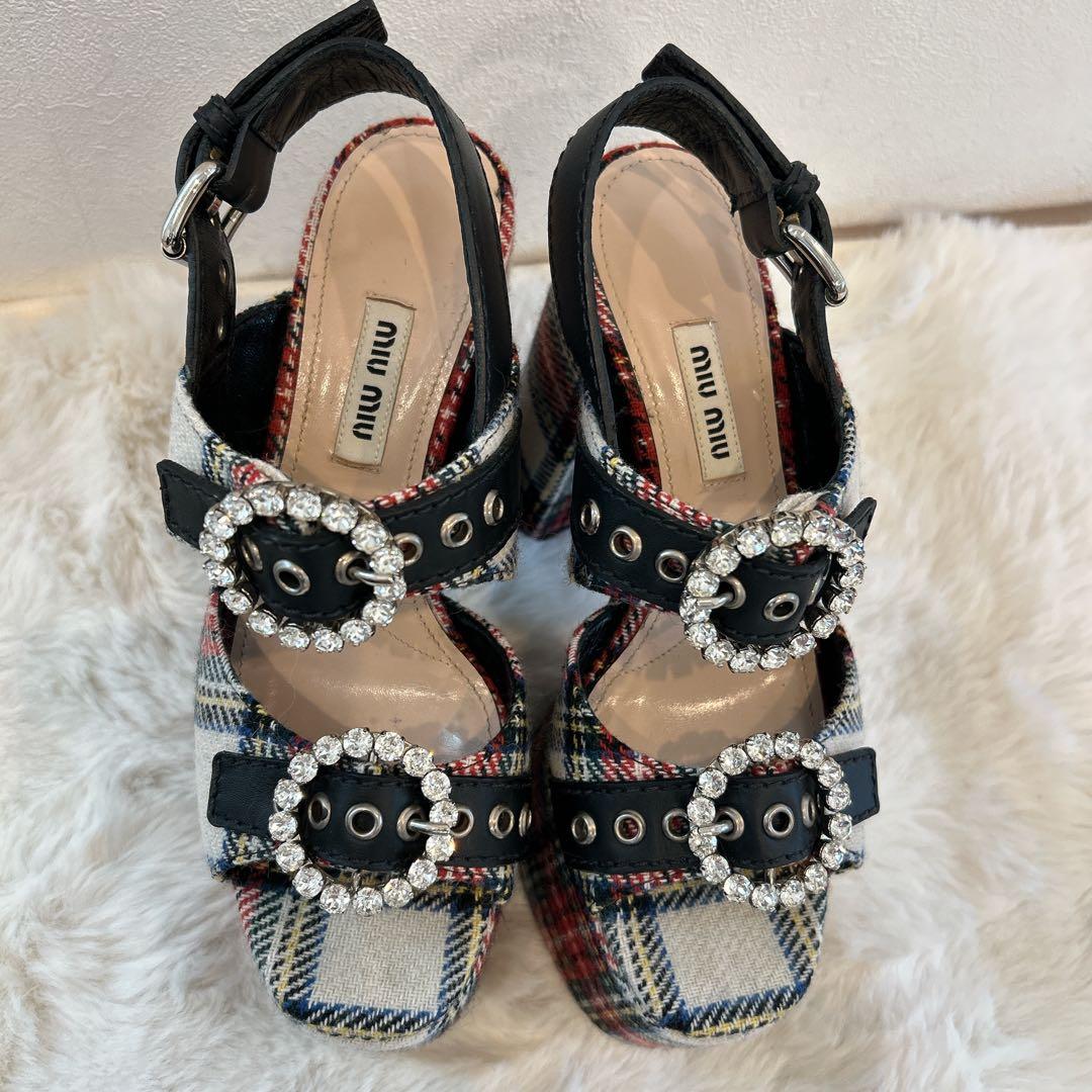 美品　miu miu ミュウミュウ 厚底 サンダル ビジュー チェック柄 36