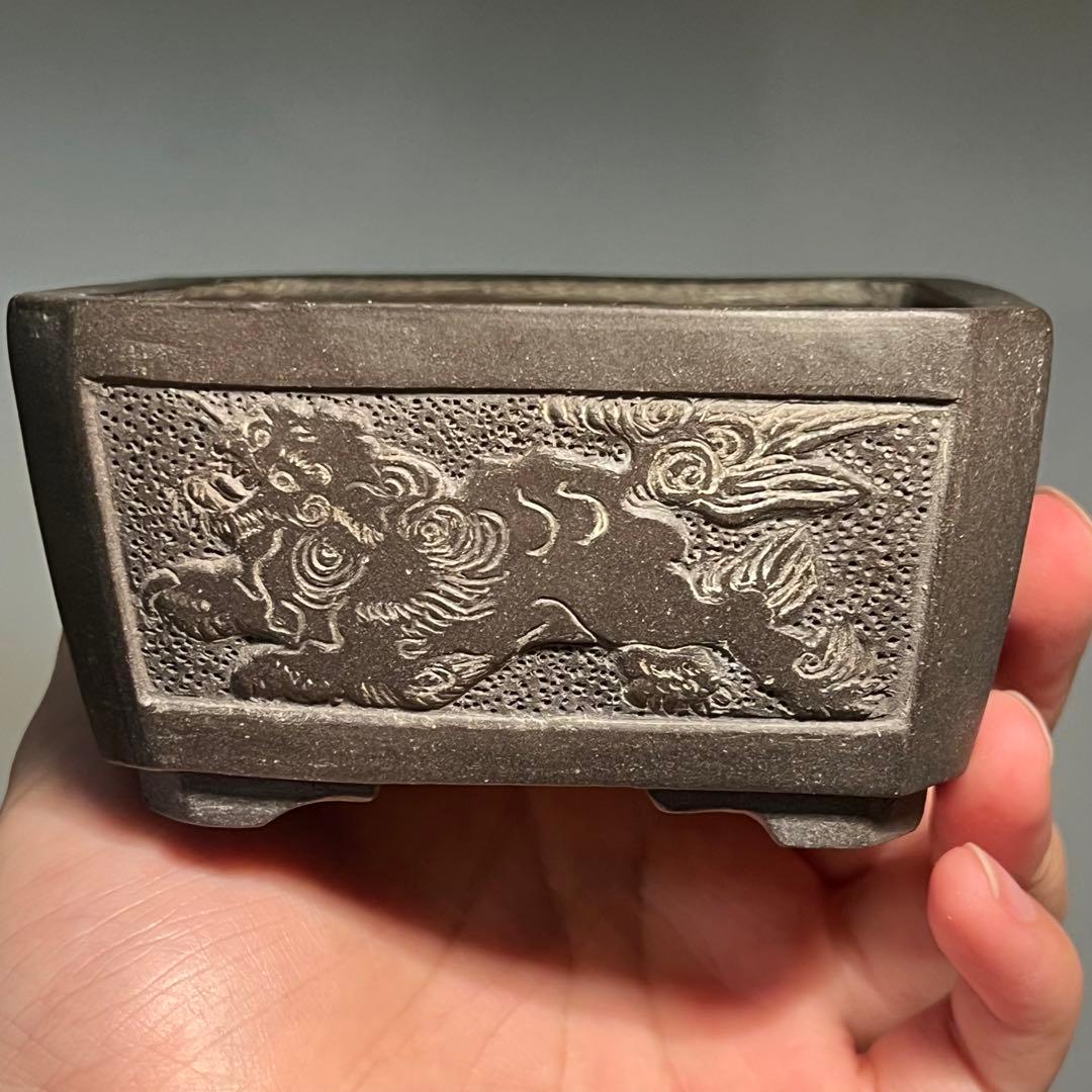 823.石心 灰泥彫刻唐獅子切角長方 盆栽鉢 植木鉢 10.7*9*5.5cm