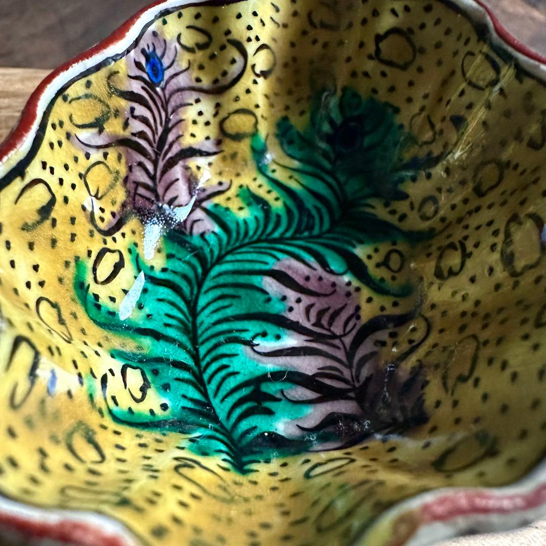 【希少】　古九谷　吉田屋窯　孔雀の羽　角福　豆鉢　五客　小皿　豆皿　再興九谷