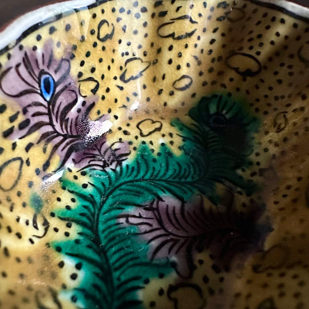 【希少】　古九谷　吉田屋窯　孔雀の羽　角福　豆鉢　五客　小皿　豆皿　再興九谷