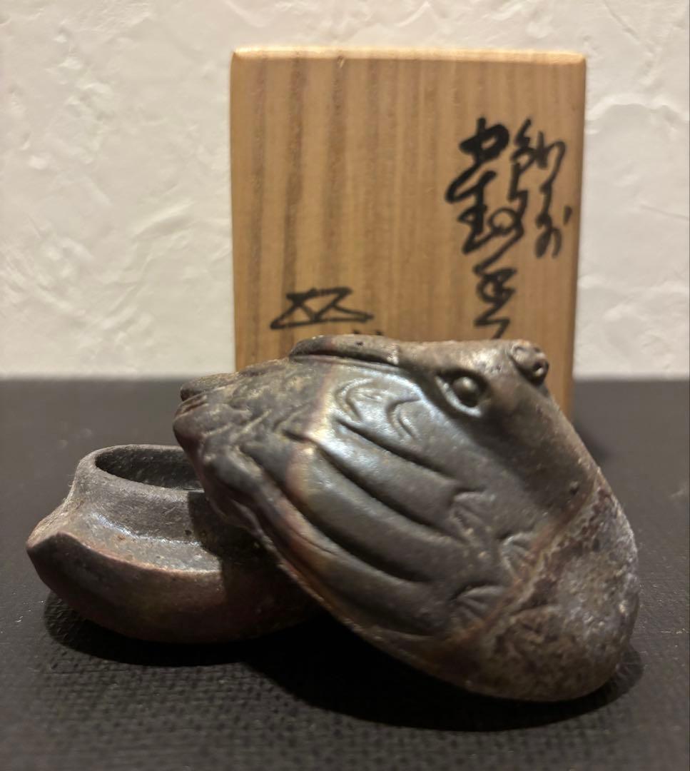 備前焼名工　浦上善次作品　鶴の香合　共箱付き
