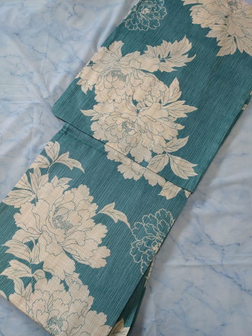 ✿新品未使用　綿麻浴衣　ターコイズブルー　高級浴衣　碧色　牡丹　夏着物