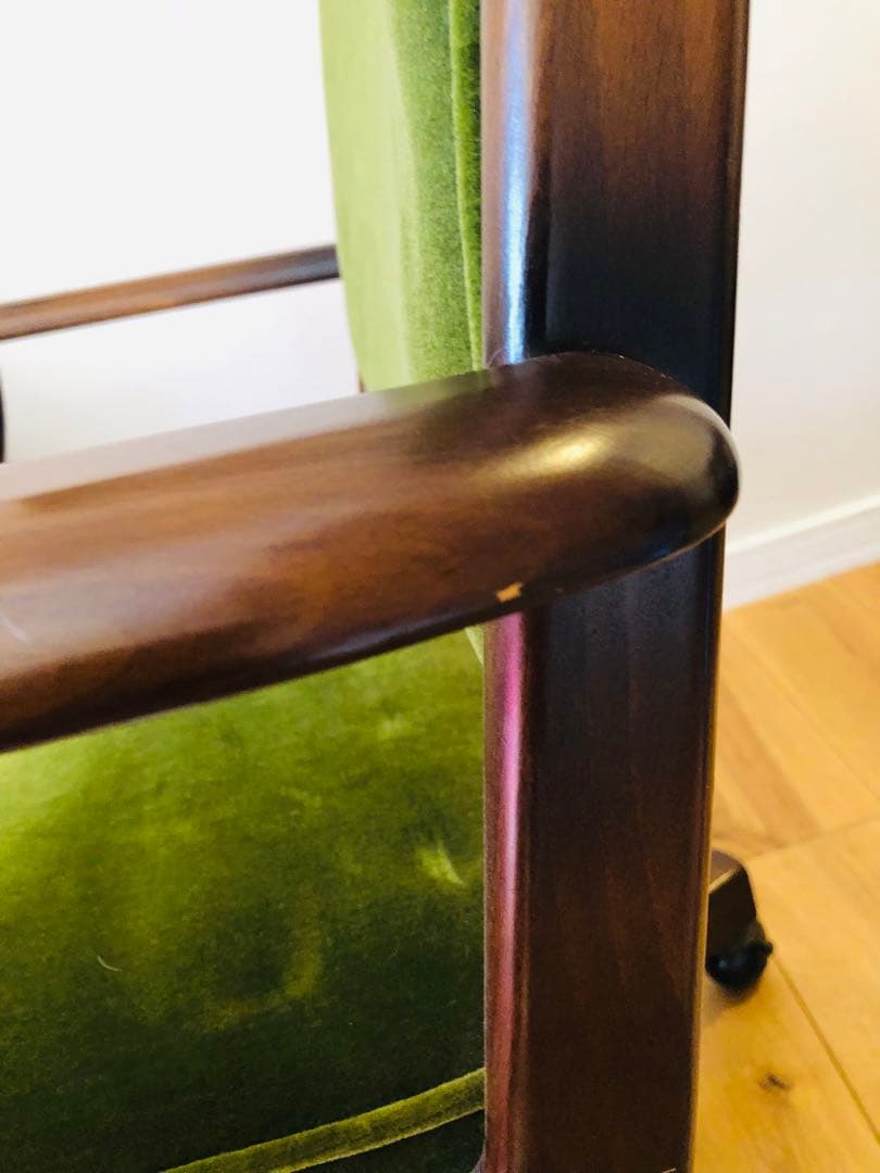 カリモク　ビンテージ　アンティーク　グリーンベルベット回転式デスクチェア