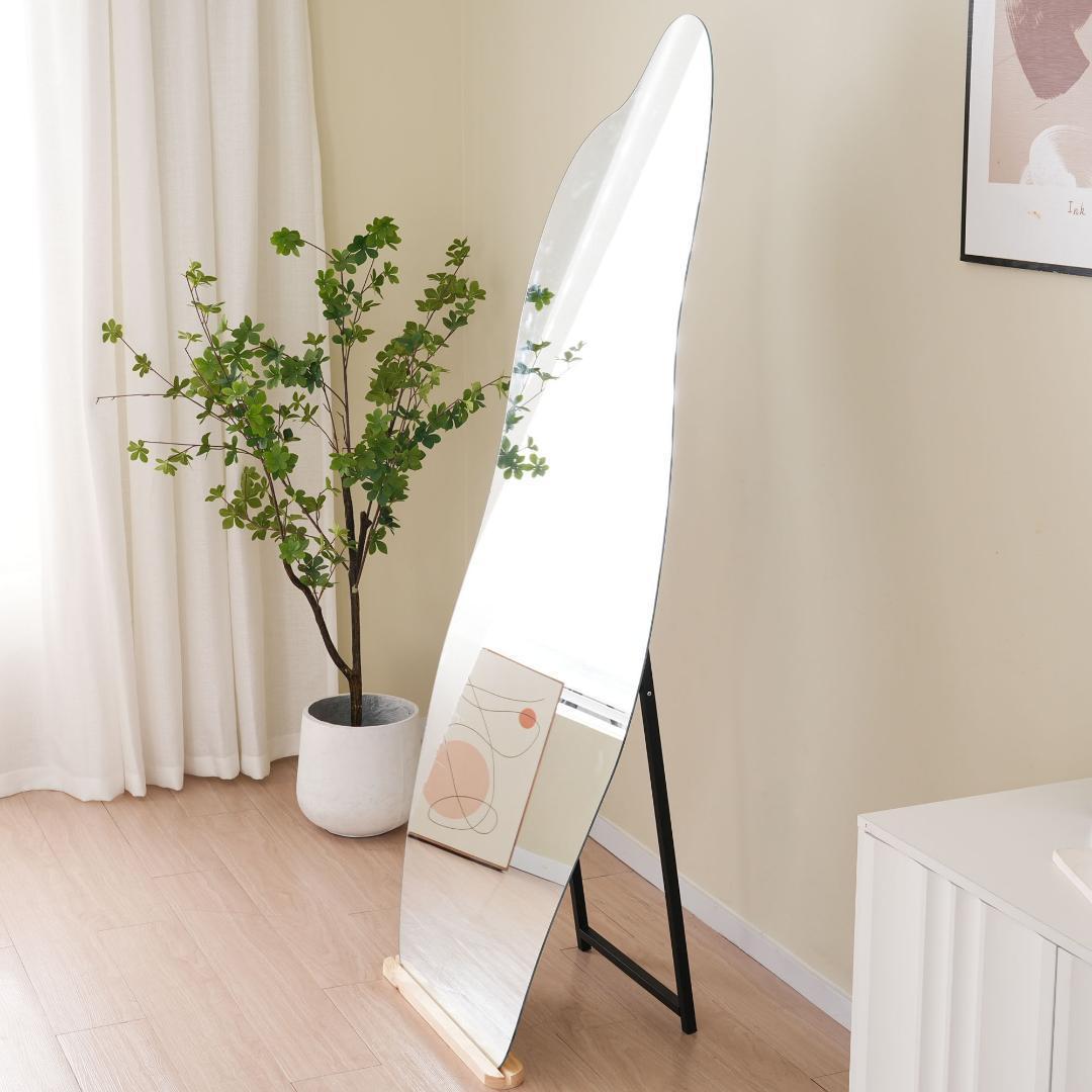 全身鏡姿見鏡スタンドミラー ノンフレームイレギュラミラー立てかけ姿見鏡大型木製台