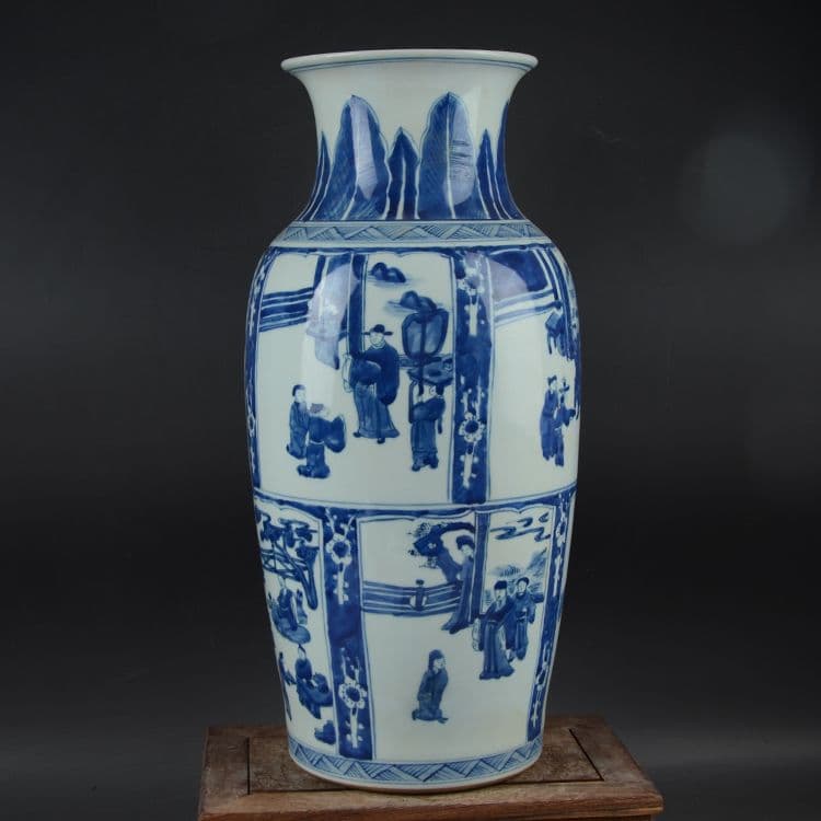 大清康熙青花窓人物紋花瓶 景徳鎮 陶磁器 装飾品 現代工芸品 美術品 置物