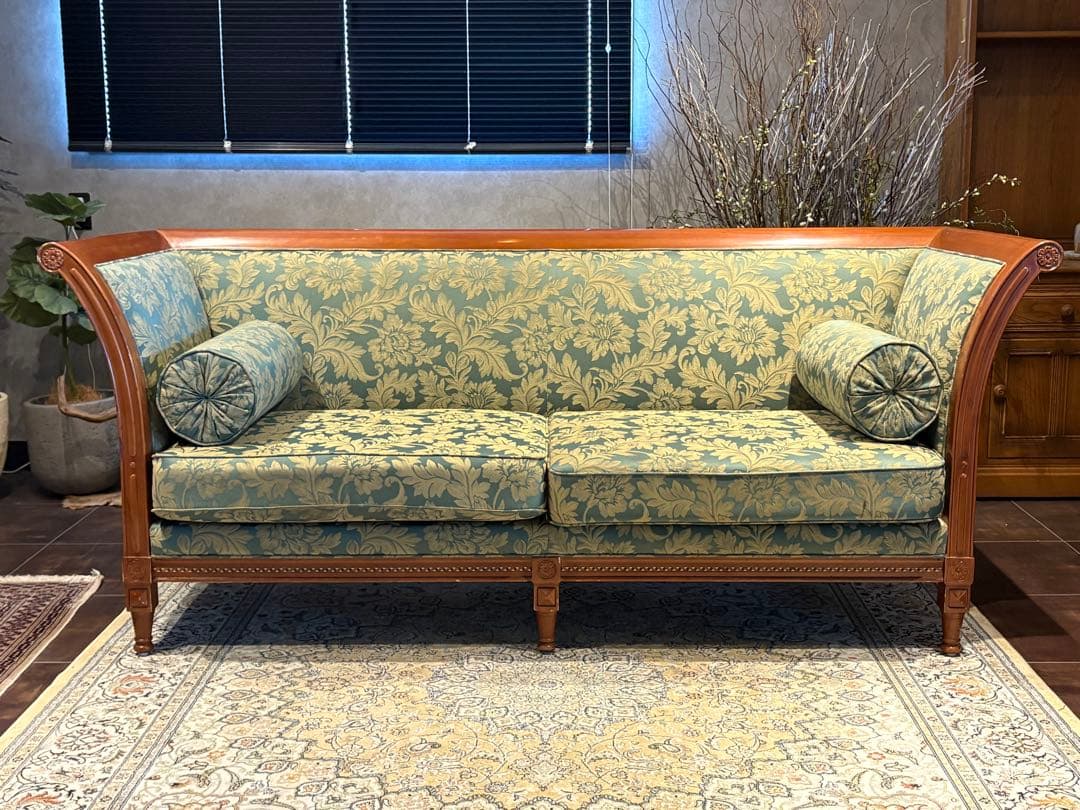 ②クラシック 3人掛けソファ 3Pソファ 花柄 グリーン ビンテージ nY
