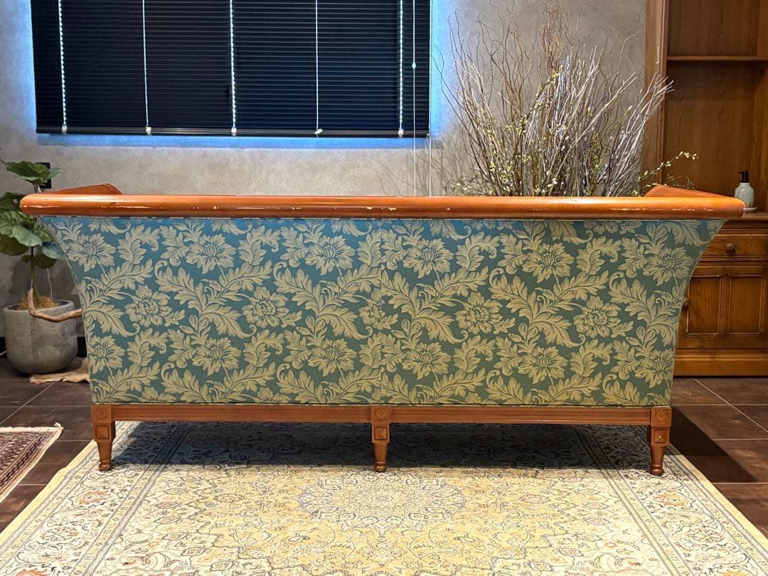 ②クラシック 3人掛けソファ 3Pソファ 花柄 グリーン ビンテージ nY