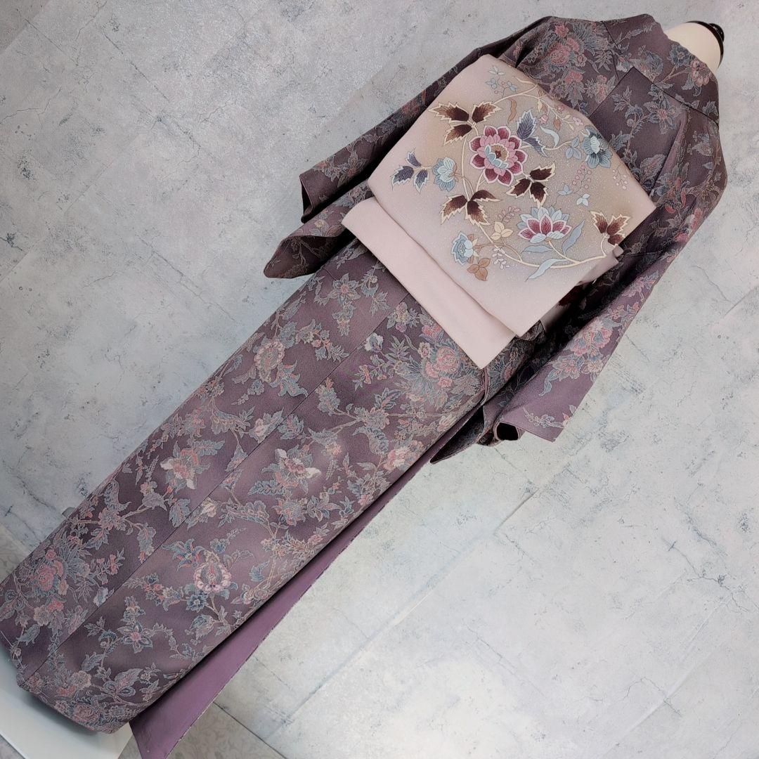 小紋　フルセット　着物　正絹　更紗　暗紫　花　縮緬　おしゃれ　D2