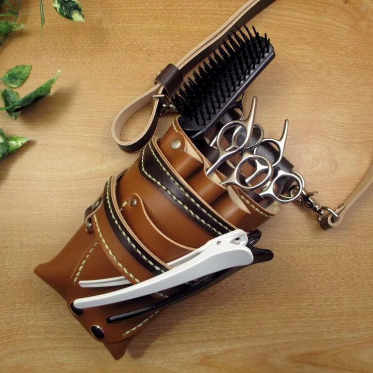 キャメル＆焦げ茶　６丁　革ベルト付き　本革シザーケース　SCL-154/CCA