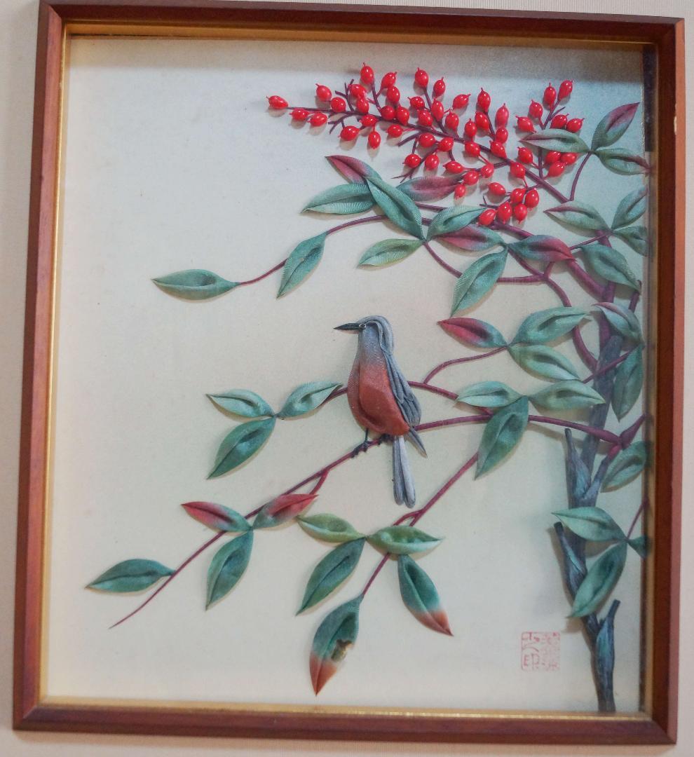 茶道具 二曲屏風 貼り絵『丹頂鶴花鳥図』 日本画 絵画 屏風★時代物★