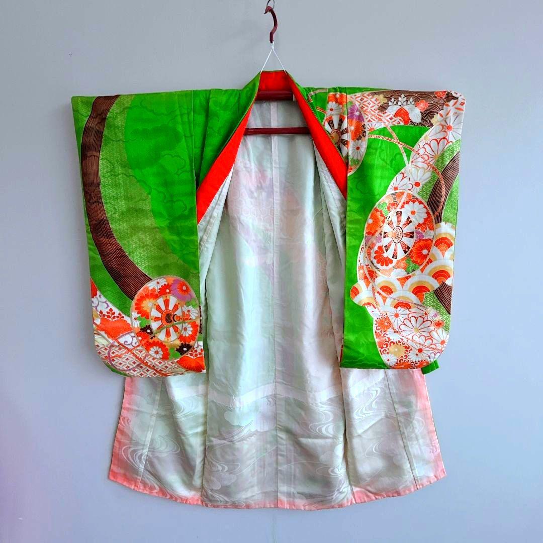 セット　七五三　7歳女の子　長着＆袋帯＆長襦袢＆小物　緑　源氏車金糸青海波　地紋