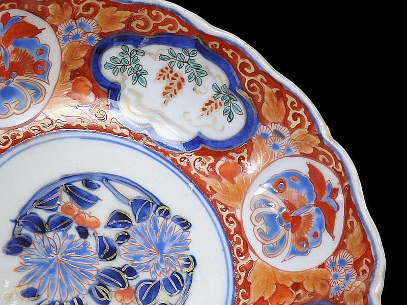 古伊万里　色絵 窓絵　藤に蝶　菊の図　膾皿　５客　C202AS-CWv