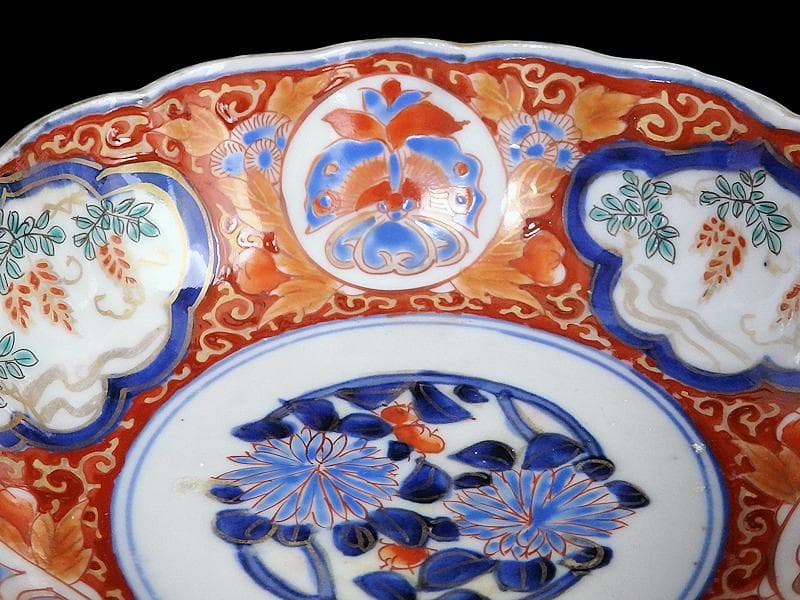 古伊万里　色絵 窓絵　藤に蝶　菊の図　膾皿　５客　C202AS-CWv