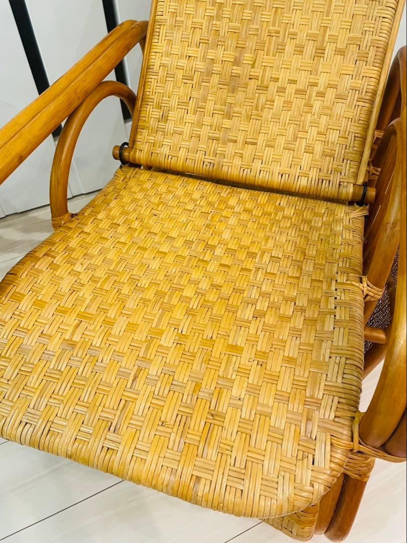 昭和レトロ ラタンリクライニングチェア オットマン付き 籐家具 1人掛けソファー