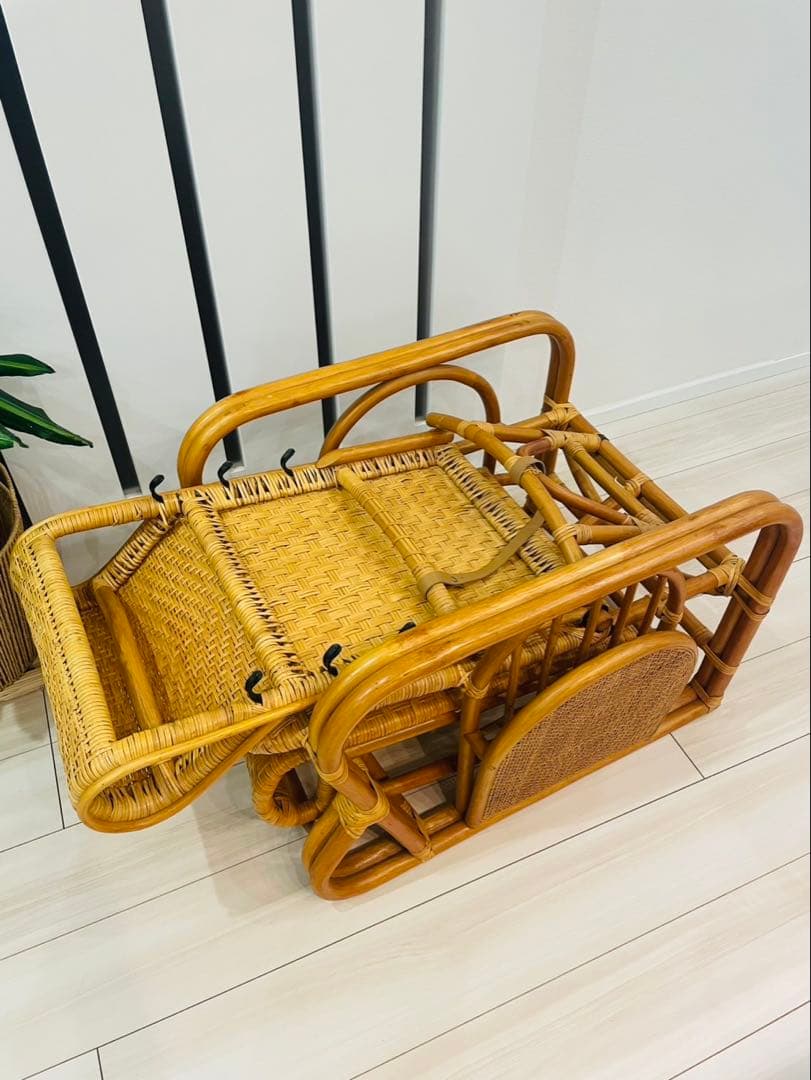 昭和レトロ ラタンリクライニングチェア オットマン付き 籐家具 1人掛けソファー