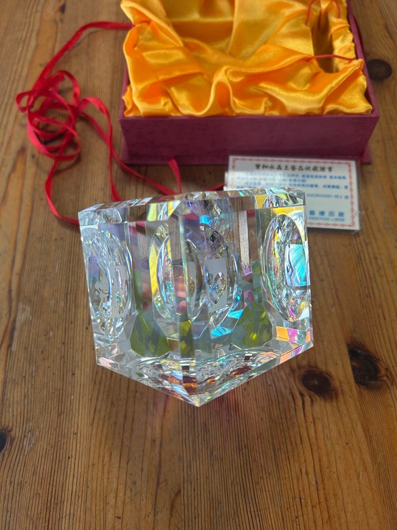 福禄寿クリスタルオブジェ　上海宝和水晶工芸　溶練水晶の置物　鑑定書付き