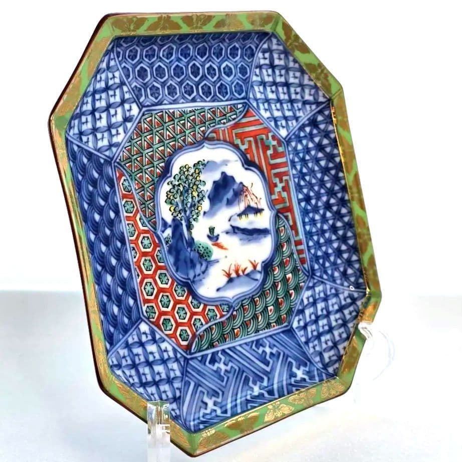 龍峰窯 龍峯窯 緑彩 金欄手 八角皿 中皿 5枚 色絵山水 染付 取り皿