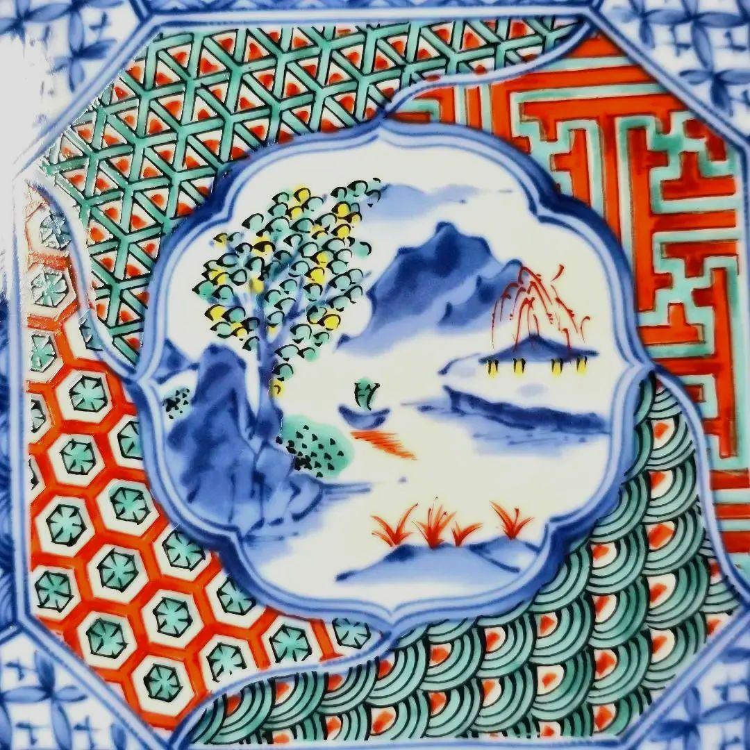 龍峰窯 龍峯窯 緑彩 金欄手 八角皿 中皿 5枚 色絵山水 染付 取り皿