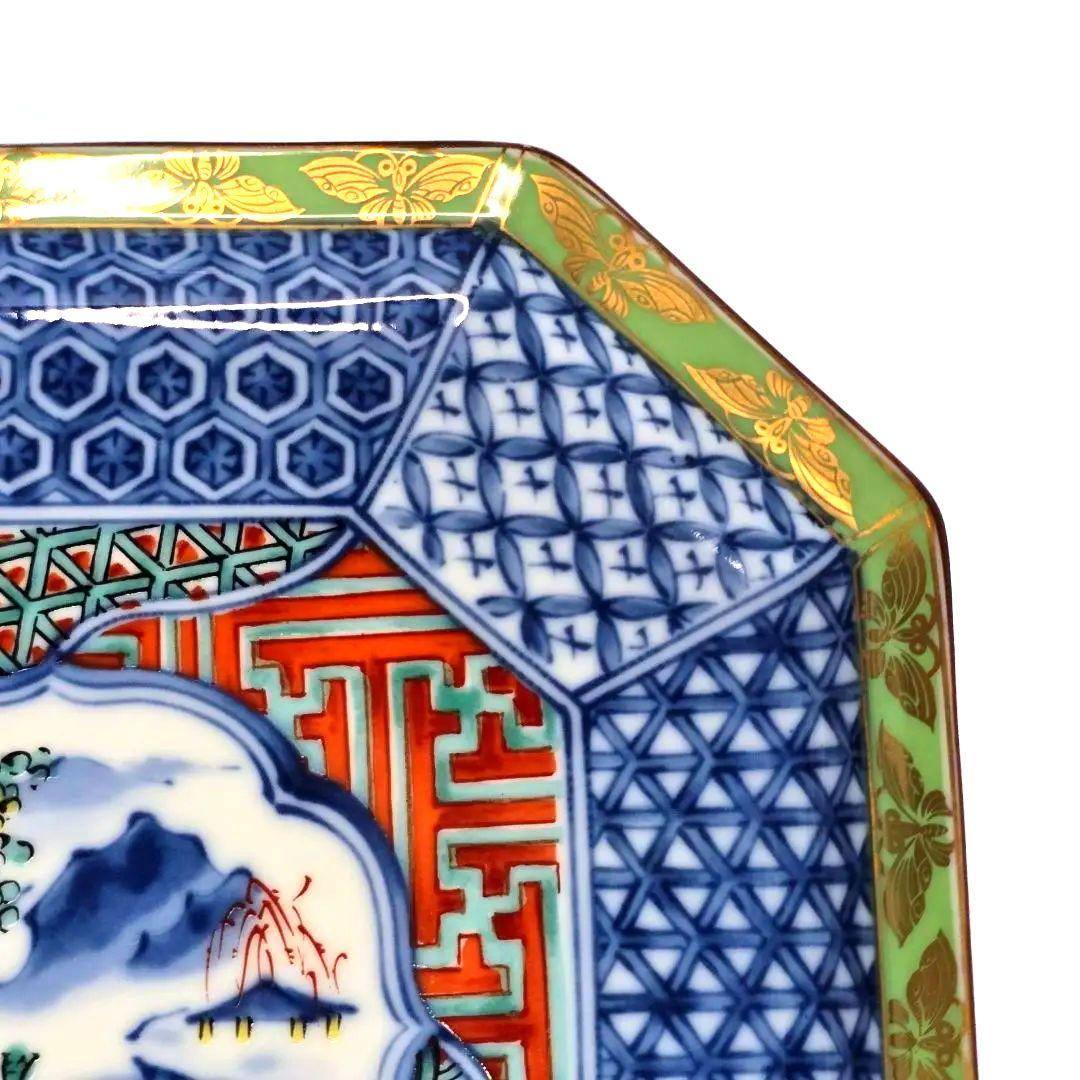 龍峰窯 龍峯窯 緑彩 金欄手 八角皿 中皿 5枚 色絵山水 染付 取り皿