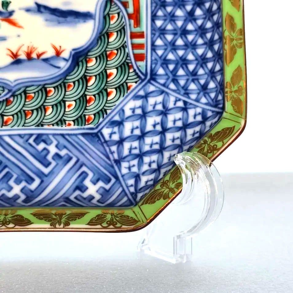 龍峰窯 龍峯窯 緑彩 金欄手 八角皿 中皿 5枚 色絵山水 染付 取り皿