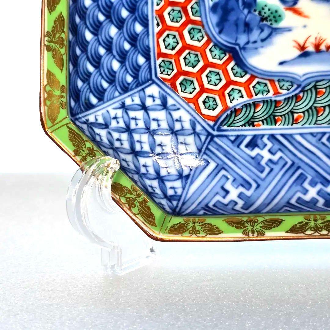 龍峰窯 龍峯窯 緑彩 金欄手 八角皿 中皿 5枚 色絵山水 染付 取り皿