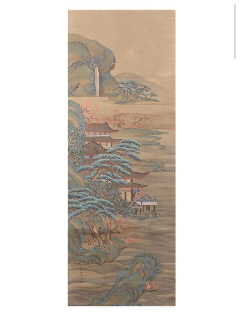 土佐光起 真筆 慶應三年以降の作 絹本 着色楼閣山水図 双幅 徳川家葵御紋表