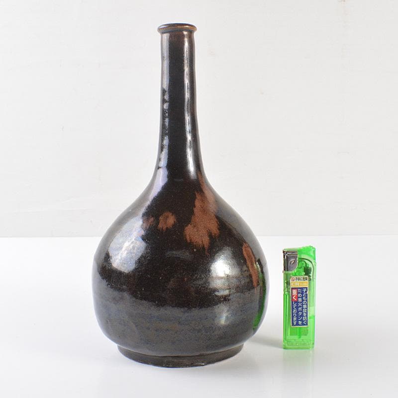 瀬戸焼　古瀬戸　黒釉　徳利　鶴首瓶　時代箱　伝来品　C　R6512