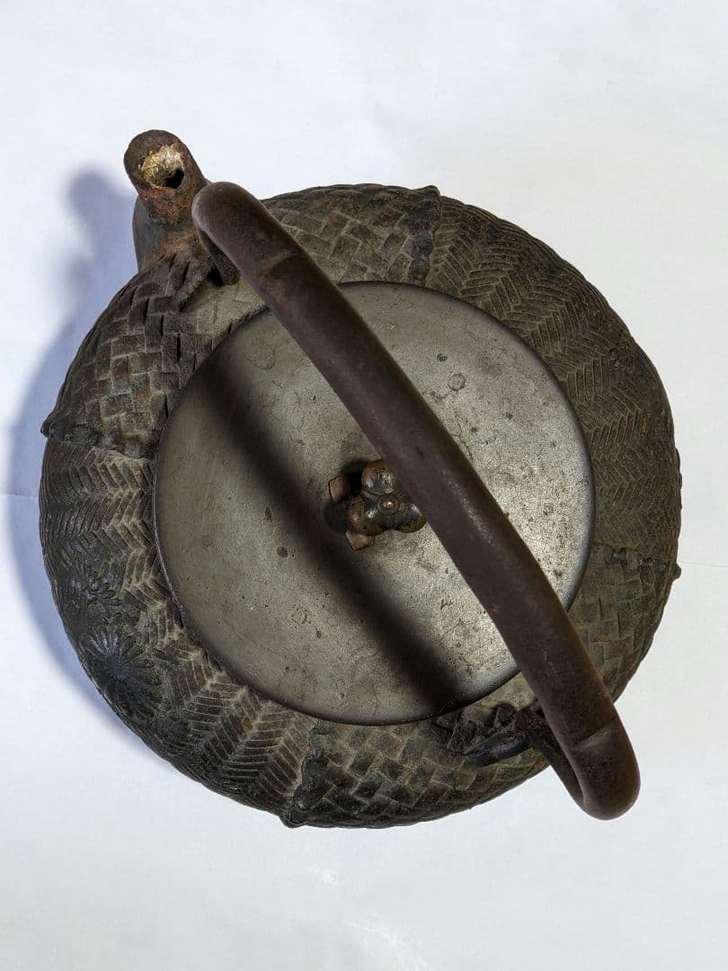 ♦希少！祥雲堂造 竹籠編み目紋鉄瓶 自在摘み銅蓋 アンティーク骨董品コレクション