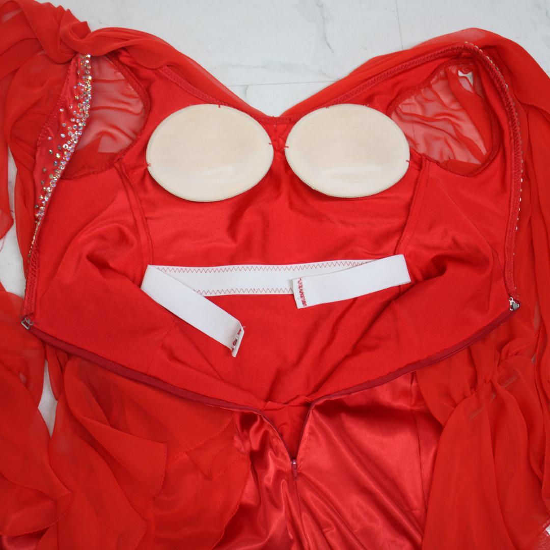 【美品 社交ダンス衣装】レッド ワンピース ドレス ラインストーン レース 袖