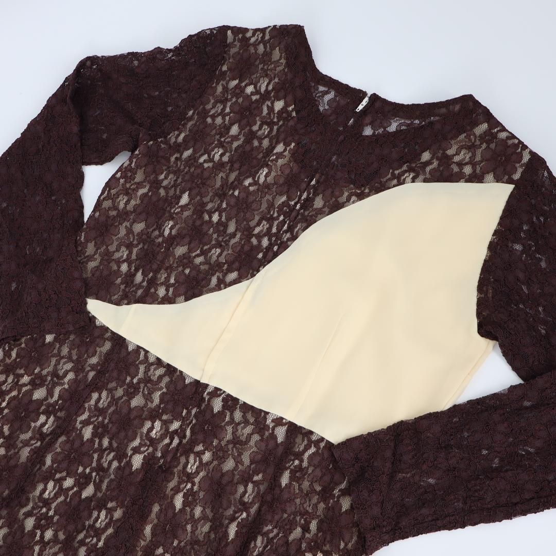 【美品 社交ダンス衣装】ブラウンレース地×クリーム ラテンドレス ストレッチ有