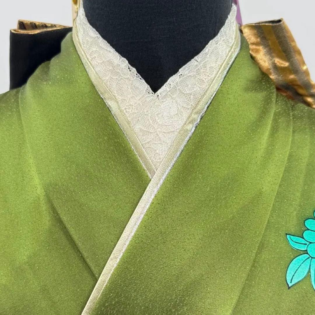 豪華振袖10点フルセット　緑系　ラメ　金彩 松竹梅　牡丹　つけ袖黒レース　可愛い
