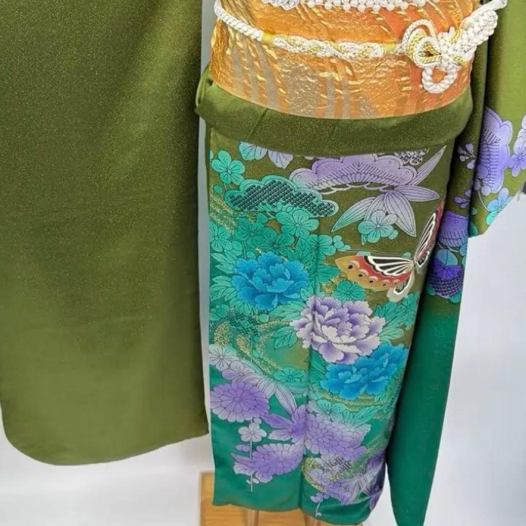 豪華振袖10点フルセット　緑系　ラメ　金彩 松竹梅　牡丹　つけ袖黒レース　可愛い