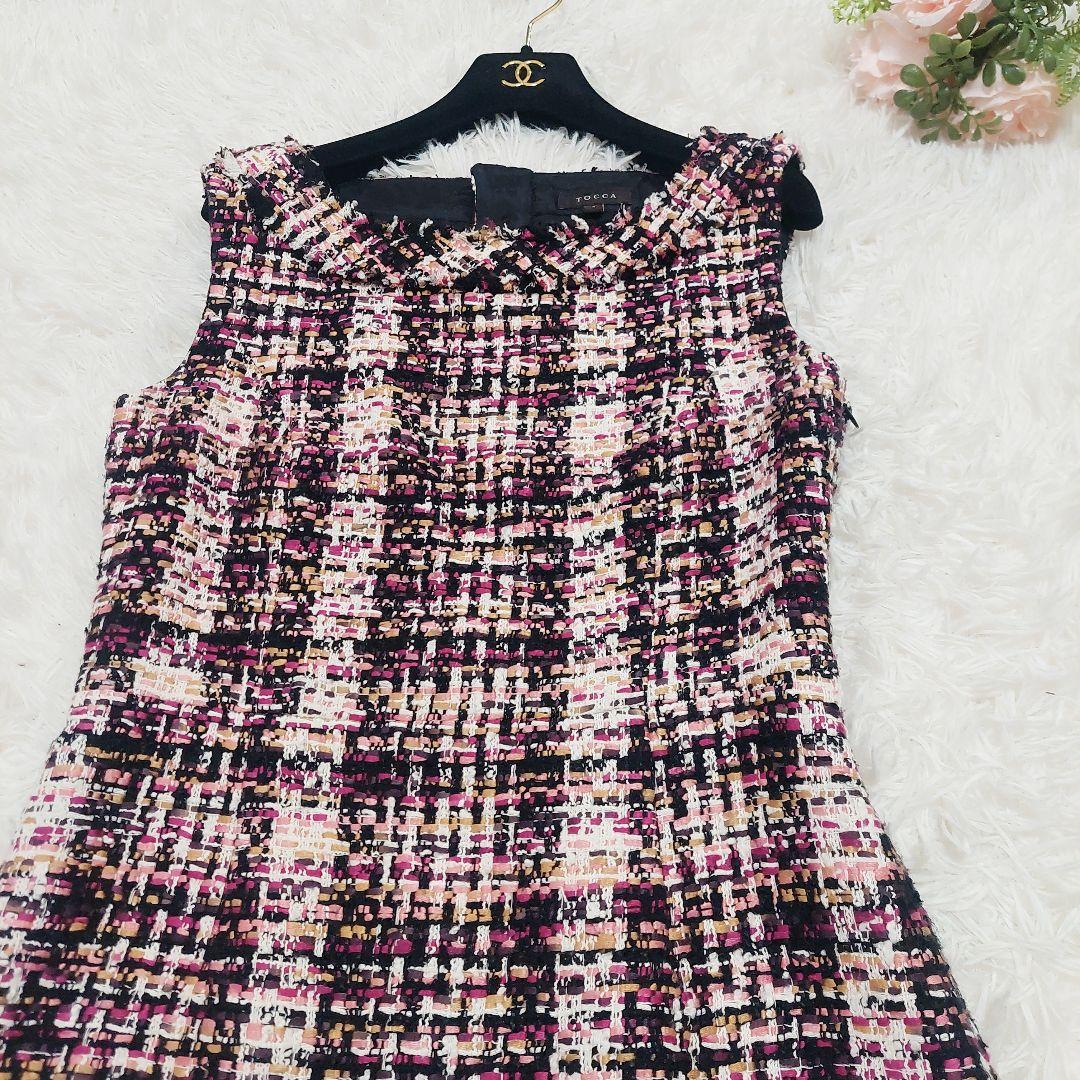 TOCCA ミックス ツイードワンピース フリンジ 金ボタン 大きいサイズ 4