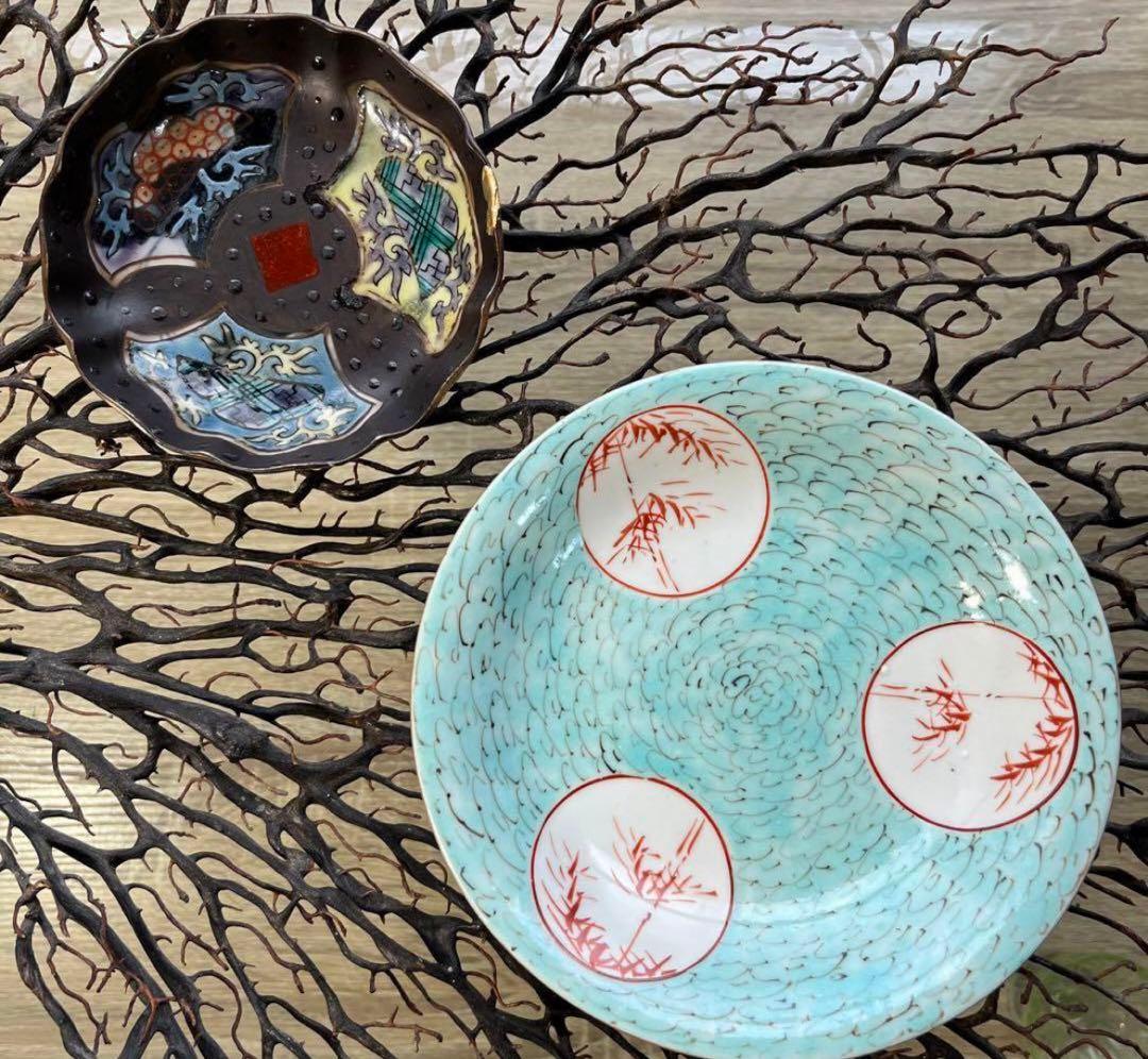 骨董　中国　古陶　清朝　粉彩　十錦手　希少　暗色色絵　波縁　豆皿　小皿　２客