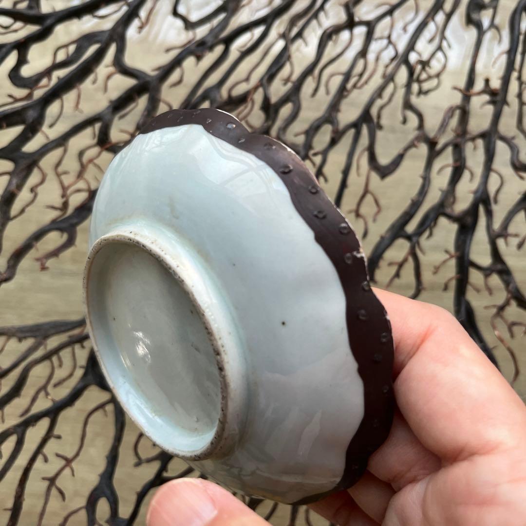 骨董　中国　古陶　清朝　粉彩　十錦手　希少　暗色色絵　波縁　豆皿　小皿　２客