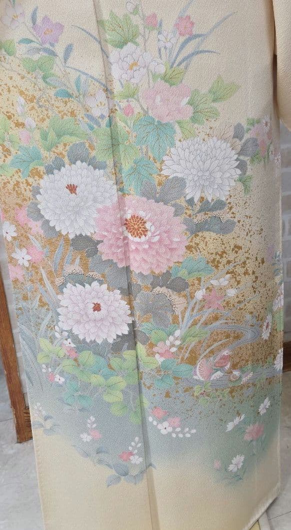 訪問着 クリーム系4点フルセット、着物、袋帯、帯締め、帯揚げ