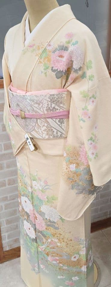 訪問着 クリーム系4点フルセット、着物、袋帯、帯締め、帯揚げ