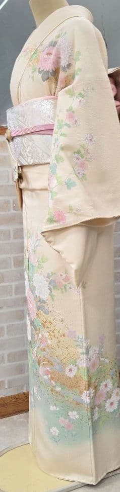 訪問着 クリーム系4点フルセット、着物、袋帯、帯締め、帯揚げ